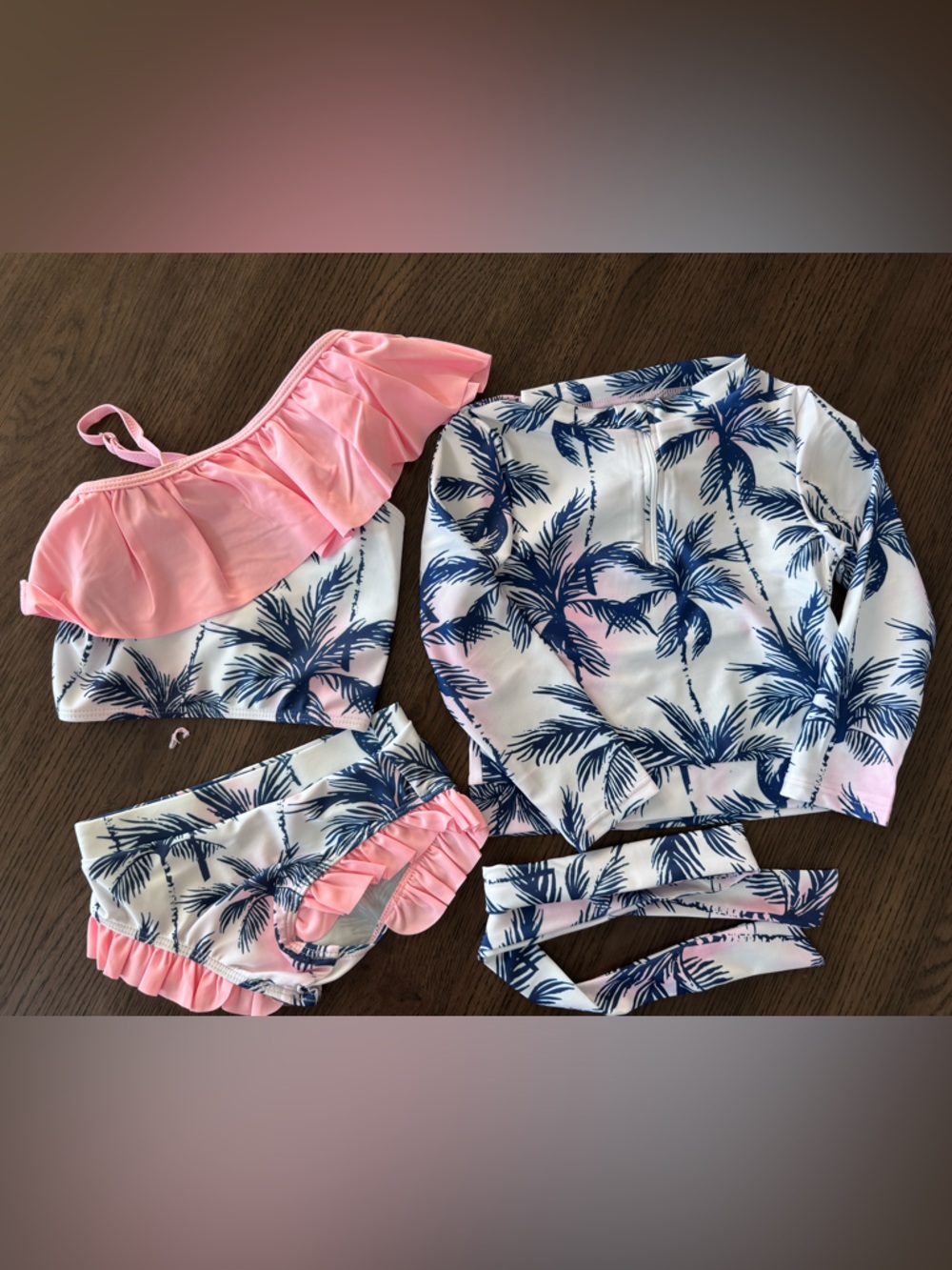 NWT 4Y Girls Pink & Navy Palm Print Swim Set with Ruffle Bikini Top